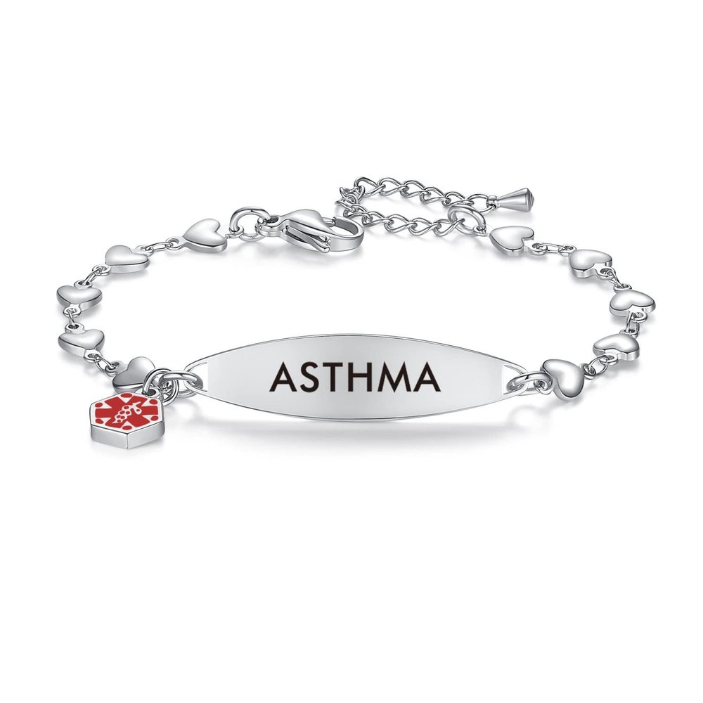 mnmoom Medical Alert Bracelets for Women Stainless steel Heart Medical ID bracelets with Free Engraving (Eye-Steel/ASTHMA)