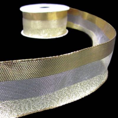 1 Pcs 1 1/2"W Shiny Gold Tri Stripe Metallic Wired Ribbon 5 Yards, Ribbon for Gift Wrapping | #AA120RK