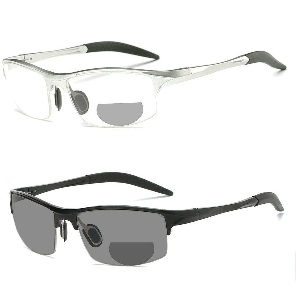 2pcs Transition Photochromic Bifocal Reading Glasses for Men Women Square cycling Sports Sunglasses Readers 0~+4.00 (2pcs-black&silver, 3.25, multiplier_x)
