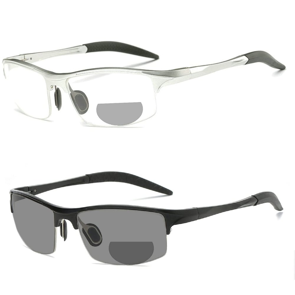 willochra 2pcs Transition Photochromic Bifocal Reading Glasses for Men Women Square cycling Sports Sunglasses Readers 0~+4.00 (2pcs-black&silver, 2.5, multiplier_x)