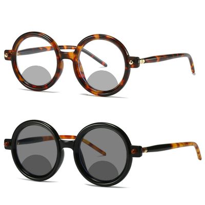 2PCS Small Transition Photochromic Bifocal Reading Glasses for Women men round UV Protection Readers driving Sunglasses (2pcs-black&leopard, 3.5, multiplier_x)