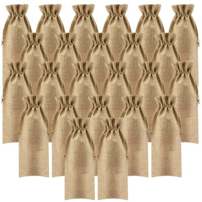 SOUJAP 24 Pack 6 x 14 Inch Jute Wine Bags With Drawstring for Tasting Event, Birthday, Wedding - Paper Tags Included