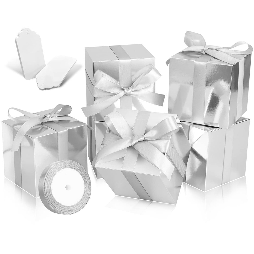 DOYIDE 100 Pack Small Gift Boxes, 2x2x2 Inches Favor Boxes Silver Paper Gift Boxes with Lids for Presents, Crafting, Cupcake Boxes, Gifts, Candy Boxes for Wedding Party Bridal Shower Baby Shower Favors