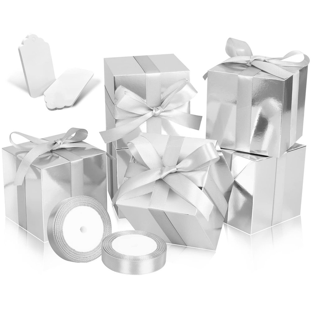 DOYIDE 100 Pack Small Gift Boxes, 3x3x3 Inches Favor Boxes Silver Paper Gift Boxes with Lids for Presents, Crafting, Cupcake Boxes, Gifts, Candy Boxes for Wedding Party Bridal Shower Baby Shower Favors