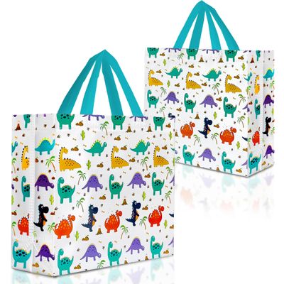 Nush Nush Dinosaur Gift Bags Large Set of 12 Dinosaur Party Bag With Handles, Large Gift Bags for Kids - Ideal Goodie Bag For Kids Birthday Party Favors, Dino Themed Parties, Boys - 13x5x11