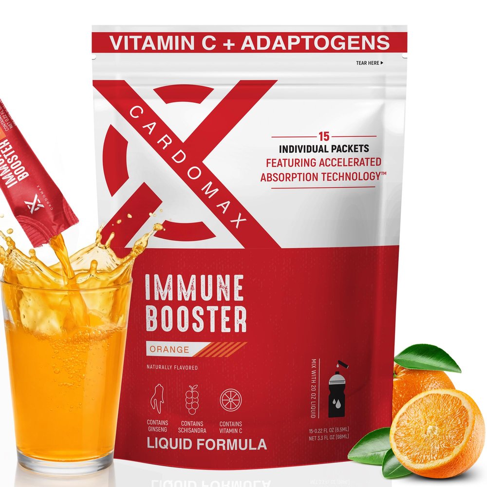 CardoMax Immunity Booster Liquid Drink Mix with Ginseng and Vitamin C for Kids and Adults, Immune Support Supplement for Energy and Wellness, Orange Flavor, 15 Single-Serve Liquid Stick Packs