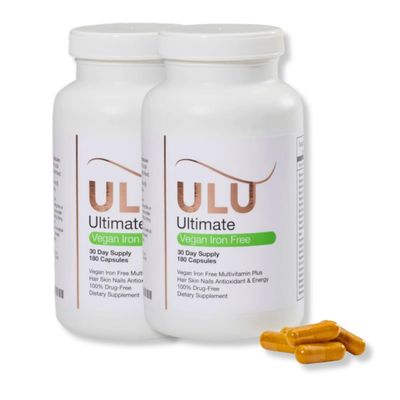 ULULIFE Ultimate Multivitamin: Vegan, Iron Free, Promotes Stronger Hair, Skin, & Nails and Improves Antioxidant & Energy with Better Sleep & Less Stress (Pack of Two - 360 Capsules)