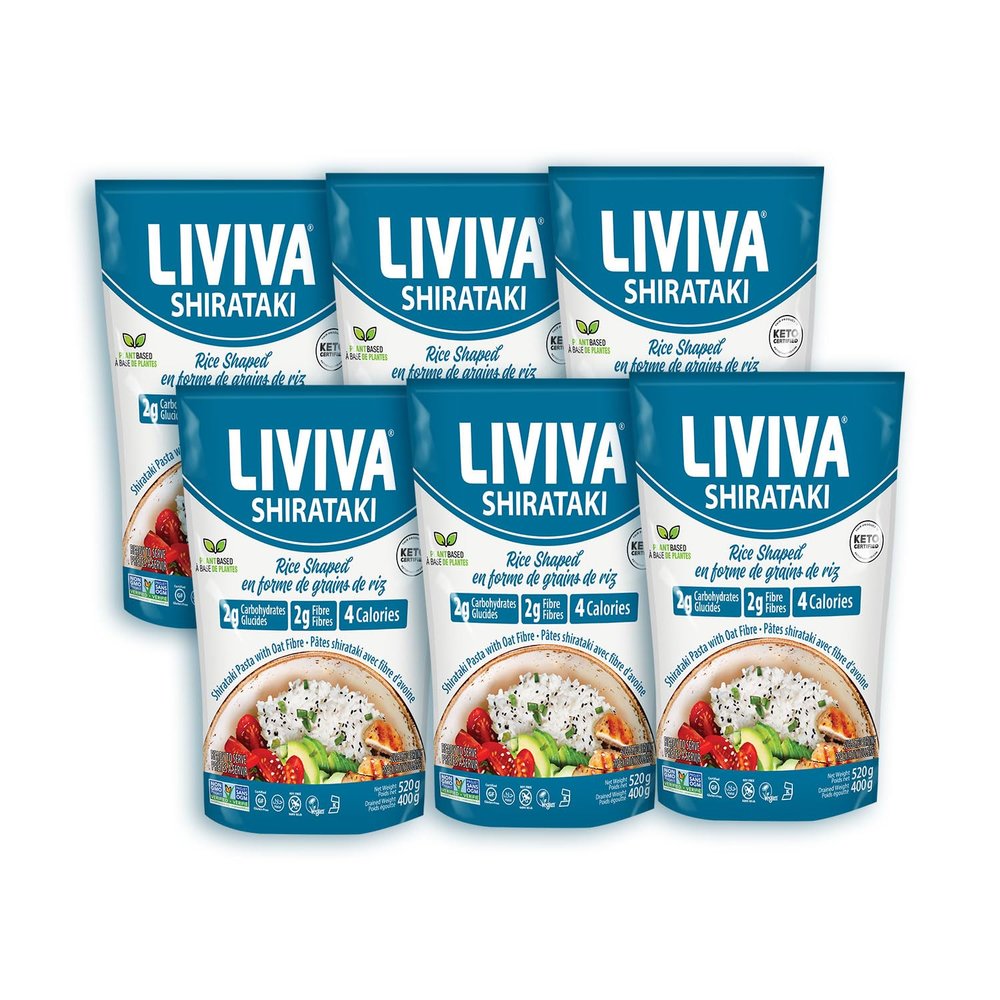 LIVIVA Shirataki Konjac Rice Shaped Noodle 6 Pk (110 oz) Diabetic-Friendly Low Carb, Low Calorie Pasta Noodles Ready to Serve No Odor, Certified Non-GMO, Gluten Free, Vegan, Plant-Based, Keto, Kosher, Halal