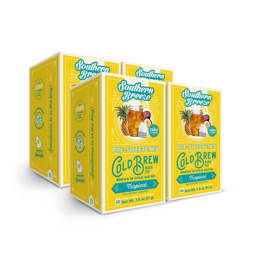 Southern Breeze Cold Brew Sweet Tea Tropical Iced Tea with Black Tea and Zero Carbs Zero Sugar, 20 Individually Wrapped Tea Bags, Pack of 4
