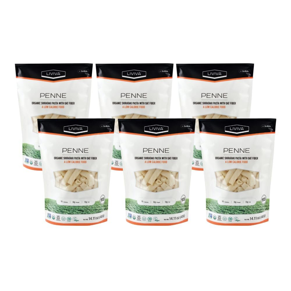 LIVIVA Shirataki Konjac Penne Noodle 6 Pk (110 oz)  Diabetic-Friendly Low Carb, Low Calorie Pasta Noodles Ready to Serve  No Odor, Certified Non-GMO, Gluten Free, Vegan, Plant-Based, Keto, Kosher, Halal