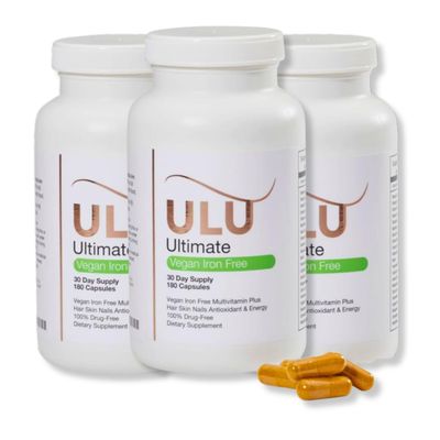 ULULIFE Ultimate Multivitamin: Vegan, Iron Free, Promotes Stronger Hair, Skin, & Nails and Improves Antioxidant & Energy with Better Sleep & Less Stress (Pack of Three - 540 Capsules)