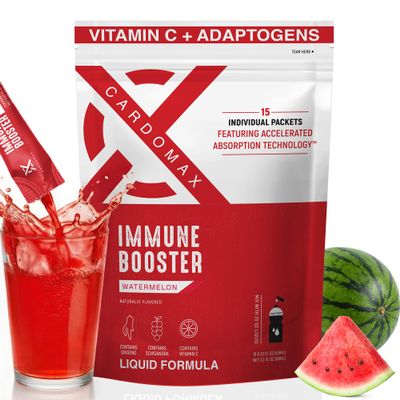 CardoMax Immunity Booster Liquid Drink Mix with Ginseng and Vitamin C for Kids and Adults, Immune Support Supplement for Energy and Wellness, Watermelon Flavor, 15 Single-Serve Liquid Stick Packs