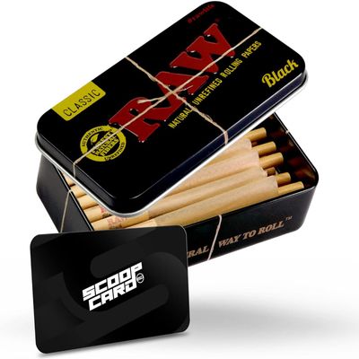 RAW Black Classic Slow Burning Pre-Rolled Cones 1-1/4 Packed Inside a RAW Metal Tin Container with Packing Tubes | 20 Pack |
