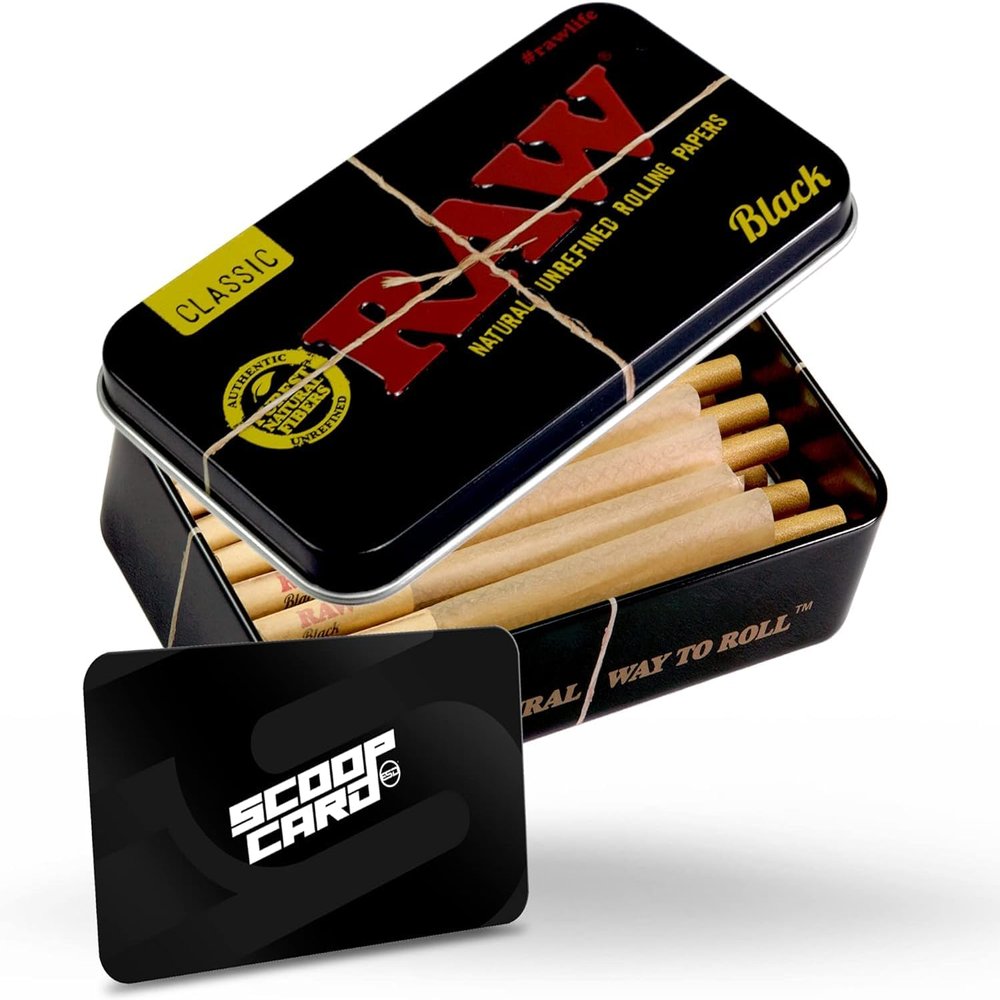 RAW Black Classic Slow Burning Pre-Rolled Cones 1-1/4 Packed Inside a RAW Metal Tin Container with Packing Tubes | 20 Pack |