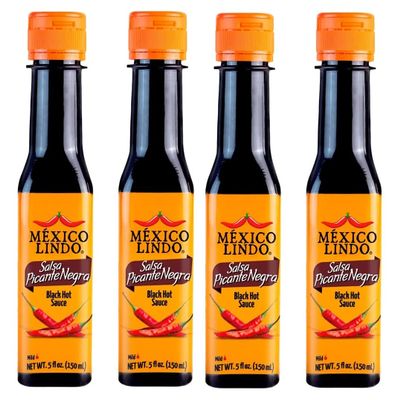 Al Amin Foods MEXICO LINDO SALSA PICANTE NEGRA( Black Hot Sauce), 4 Bottles 5 fl.oz (150ml), Green