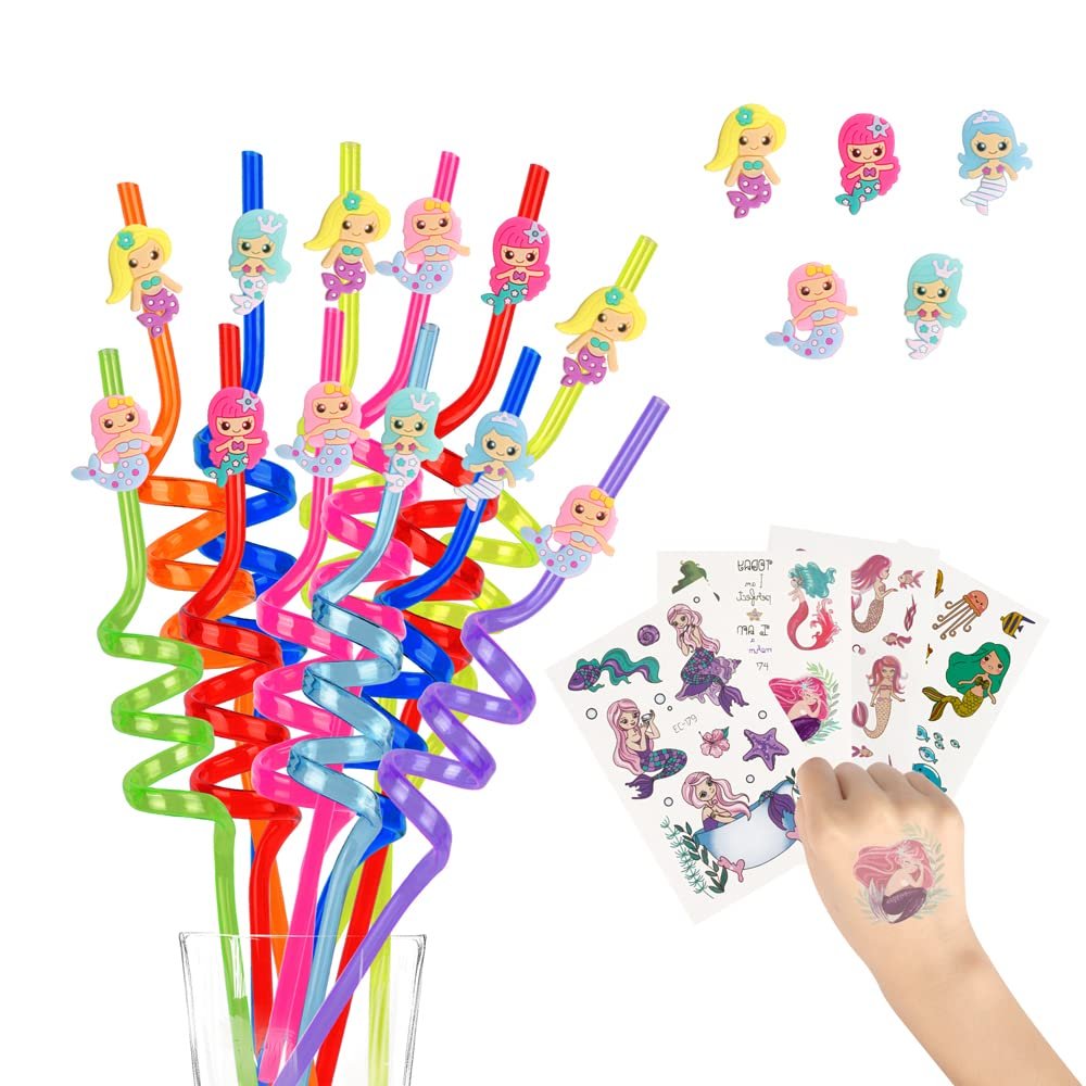12 Pcs Dinosaur or Mermaid or Unicorn Drinking Plastic Straws + 4 Temporaty Tattoos +1 Cleaning Brush,Reusable Drinking Straws for Birthday Party Supplies