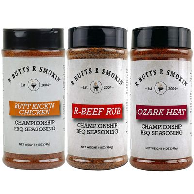 3 set R Butts R Smokin' Set of 3 Ozark Heat, Butt Kickn Chicken & R-Beef BBQ Seasoning 14 oz Bottles - Barbecue Grill and Cooking Spice for Pork, Chicken, Beef, Steak, Ribs, and Vegetables