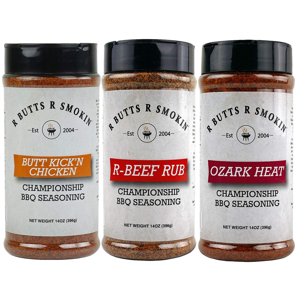3 set R Butts R Smokin' Set of 3 Ozark Heat, Butt Kickn Chicken & R-Beef BBQ Seasoning 14 oz Bottles - Barbecue Grill and Cooking Spice for Pork, Chicken, Beef, Steak, Ribs, and Vegetables
