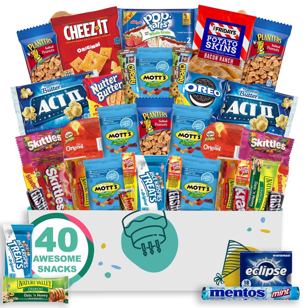 Birthday Snack Box Gift Basket (40 Piece Snack Box Care Package) Peanuts, Candy, Chips, Granola Bars & More - The Care Crate Co.