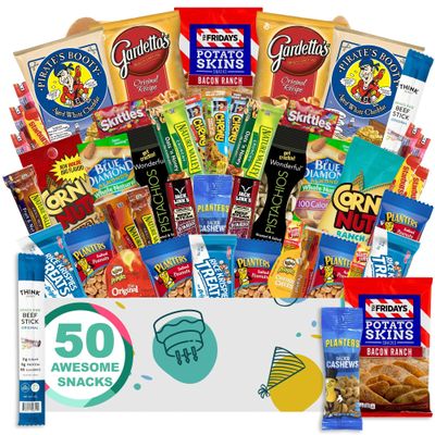 Birthday Gift Basket Men's Hearty Snack Box (50 Piece Care Package) Jerky, Nuts, Chips, Pretzels, Variety Pack - The Care Crate Co.