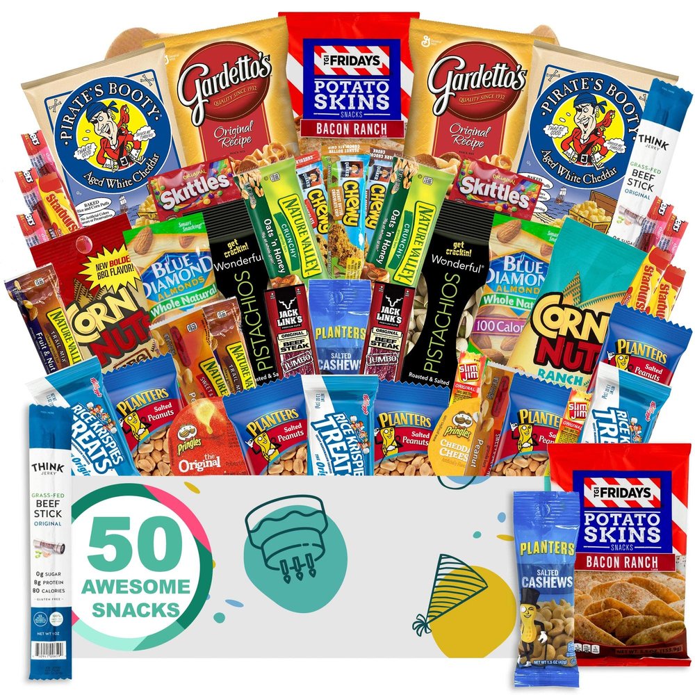 Birthday Gift Basket Men's Hearty Snack Box (50 Piece Care Package) Jerky, Nuts, Chips, Pretzels, Variety Pack - The Care Crate Co.