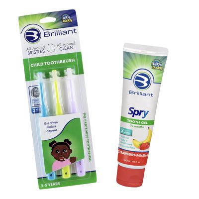 Brilliant by Baby Buddy Child Toothbrush and Spry Xylitol Tooth Gel Bundle, Sky Blue-Lime-Lilac