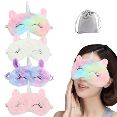 4 Pcs Cute Sleep Mask, Cartoon Eye Mask for Travel Nap Sleep Lunch Break Overnight Party, Soft Plush Blindfold Eye Covers for Women Girls Kids