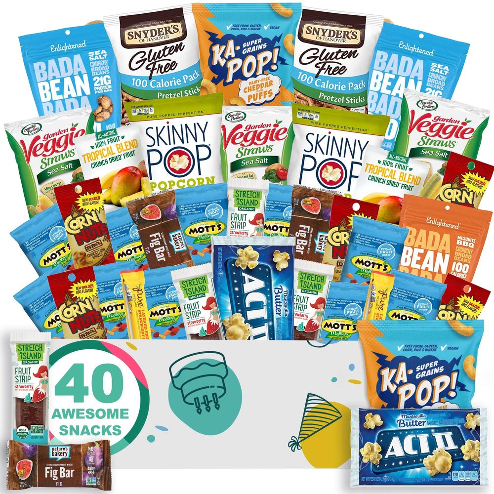 Birthday Gift Basket Allergy Friendly (40 Gluten Free, Dairy Free, Vegan Snack Box Care Package) Popcorn, Pretzels, Fruit Strips, Fig Bar & More - The Care Crate Co.