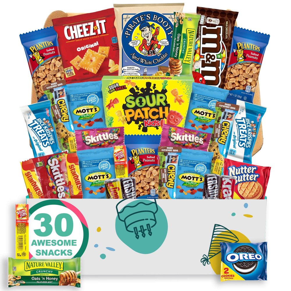 Birthday Gift Basket Small Snack Box (31 Piece Variety Pack Care Package) Chips, Candy, Peanuts, Popcorn, Cookies, Gummy Snacks, Chocolates and More - The Care Crate Co.