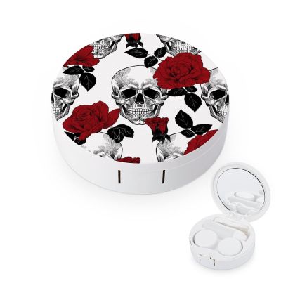 Skull And Roses Contact Lens Case Colored Goth Contact Lens Box Holder Container with Mirror Portable Eye Contact Holder Travel Kit with Lens Cleaner Solution Bottle Tweezers Outdoor Office Daily Use