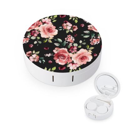Flowers Rose Contact Lens Case Colored Contact Lens Box Holder Container with Mirror Portable Eye Contact Holder Travel Kit with Lens Cleaner Solution Bottle Tweezers Outdoor And Office Daily Use