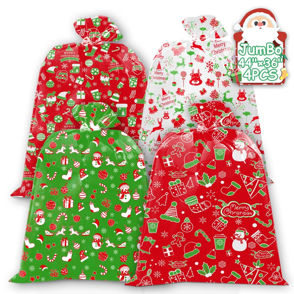 4Pcs Extra Large Christmas Gift Bag, 44"x36" Heavy-Duty Waterproof Reusable Oversized Gift Sack with Rope & Gift Tag, Opaque Jumbo Wrapping Bag for Xmas, Birthdays, Parties, Class, Office, Home