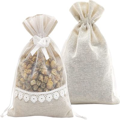 SumDirect Rose Drawstring Burlap Bags - 20pcs 5x7 Inch Lace Jute Organza Favor Gift Bags, Sheer Linen Favor Bags for Wedding