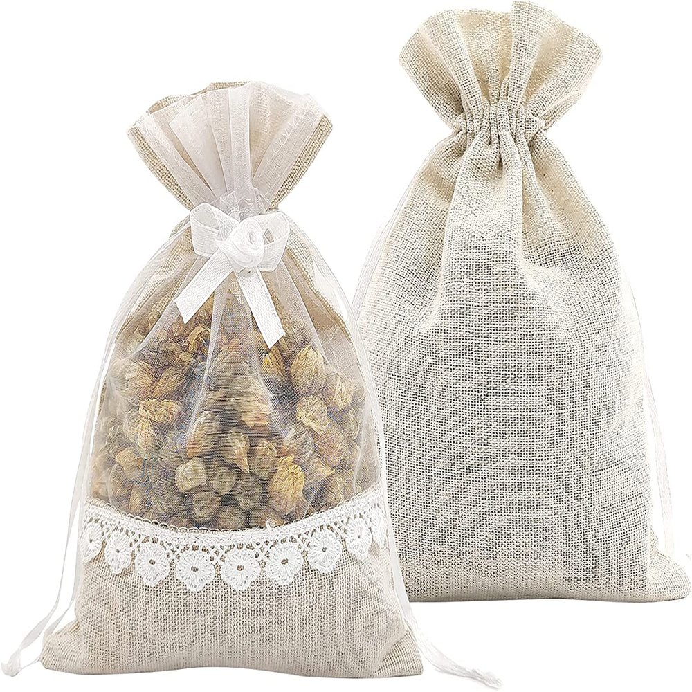 SumDirect Rose Drawstring Burlap Bags - 20pcs 5x7 Inch Lace Jute Organza Favor Gift Bags, Sheer Linen Favor Bags for Wedding