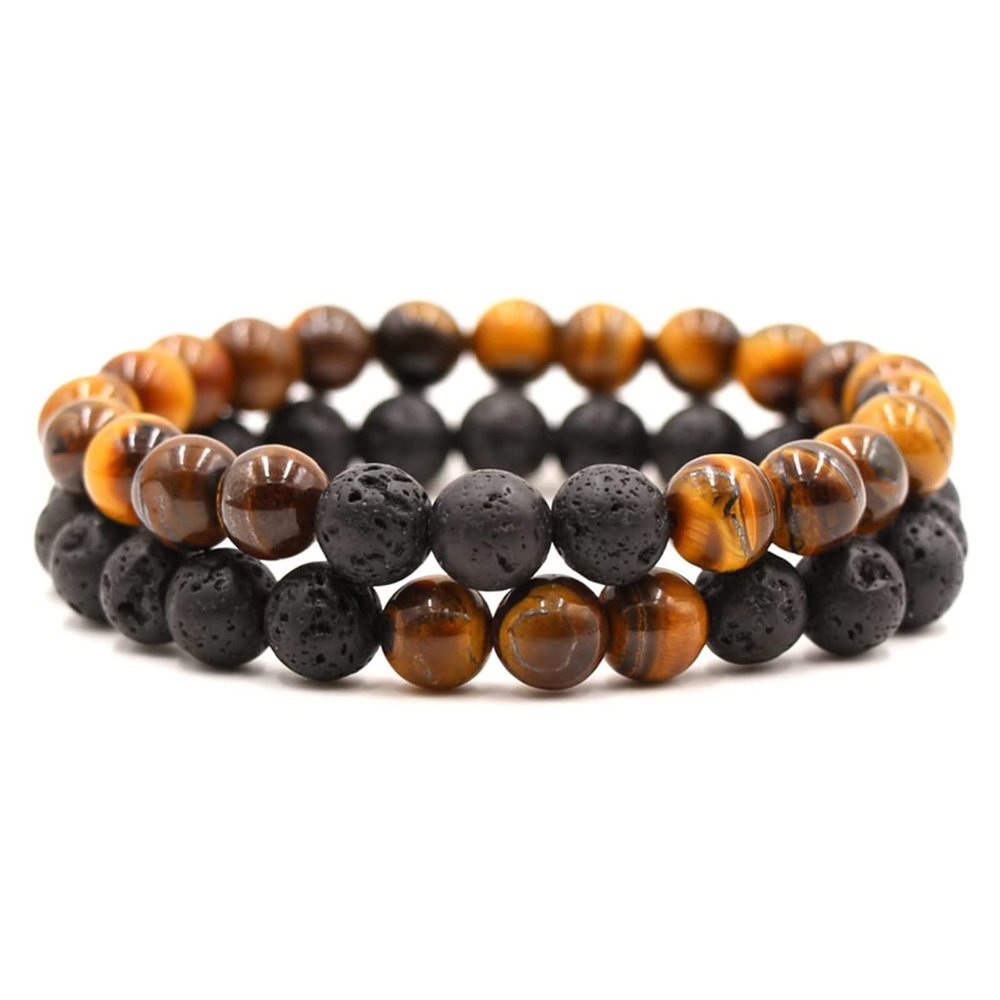 Caiyao 2Pcs Matte Lava Rock Volcanic Stone Beads Stretch Bracelet Stacking Essential Oil Diffuser Tiger Eye Seed Energy Yoga Bracelet for Men Women Stress Relief Aromatherapy Jewelry-Yellow