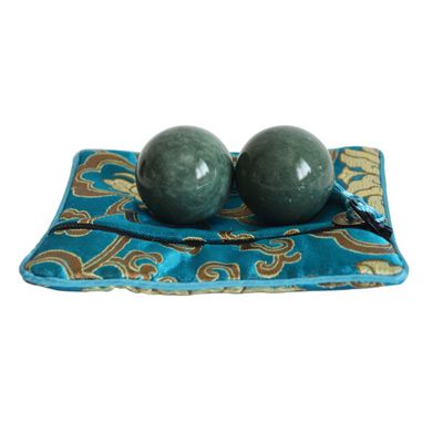 ILEWEI Chinese Baoding Balls Green Marble Exercise Health Stress Relieve Relax Fingers Zen Tai Chi Ball Therapy Fitness Arthritis Thumb Massager Gift for Hands (1.4 inches, Green with Bag)