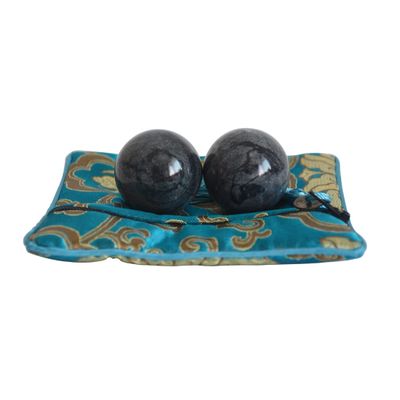 Baoding Balls Grey-black Marble Chinese Exercise Health Massage Stress Relieve Relax Fingers Zen Tai Chi Ball Therapy Trainer Arthritis Thumb Massager for Hands (1.4 inches, Grey-black with bag)