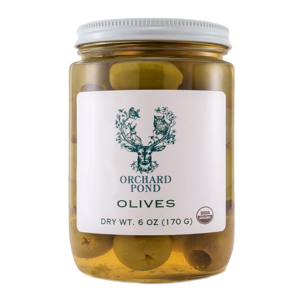 Orchard Pond Organic Green Olives - Grown in Greece, Perfect for Cheese & Wine Pairings, Certified Organic, 6oz