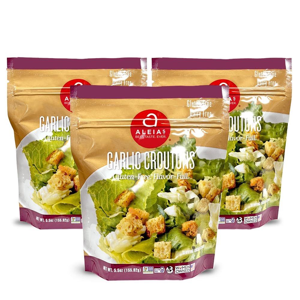 Aleias Gluten Free Garlic Croutons  5.5oz (3 Pack)  Crunchy Topping for Salads & Soups  Dairy Free, Soy Free, Low Sodium, No MSG, No Preservatives, Kosher