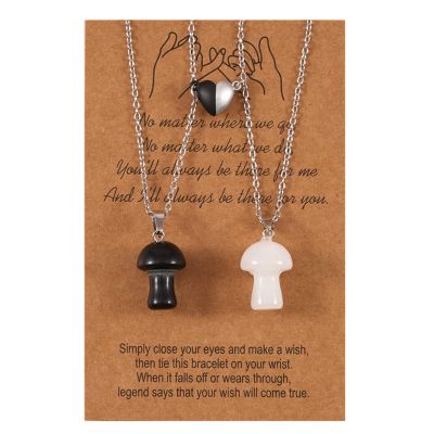 2Pcs Wire Wrapped Love Heart Mushroom Crystal Pendant Necklace Set Adjustable Link Chain Stone Necklace for Friend Women Jewelry-G mag
