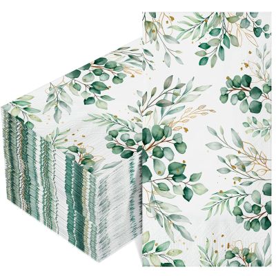 100 Pcs Eucalyptus Napkins 3 Ply Disposable Eucalyptus Leaf Paper Green Leaves Guest Towels Cocktail Napkins Greenery Paper for Home Party Birthday Baby Shower(8 x 4.3 Inch Folded)