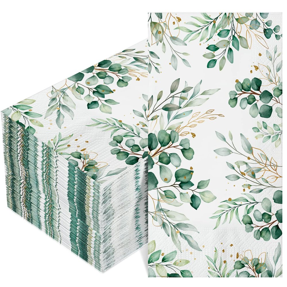 100 Pcs Eucalyptus Napkins 3 Ply Disposable Eucalyptus Leaf Paper Green Leaves Guest Towels Cocktail Napkins Greenery Paper for Home Party Birthday Baby Shower(8 x 4.3 Inch Folded)