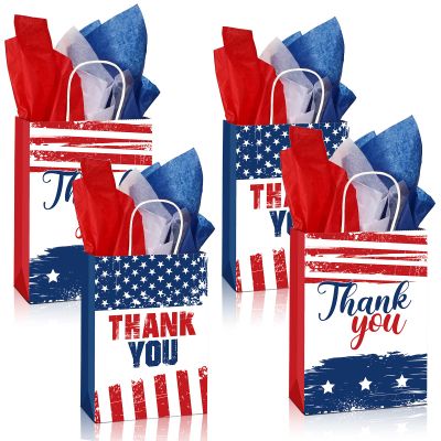 16 Pcs Patriotic Thank You Gift Bags with 18 Red White Blue Tissue Paper American Flag Party Favor USA Paper Treat Goodie Bags with Handle for 4th of July Veterans Memorial Independence Day Party