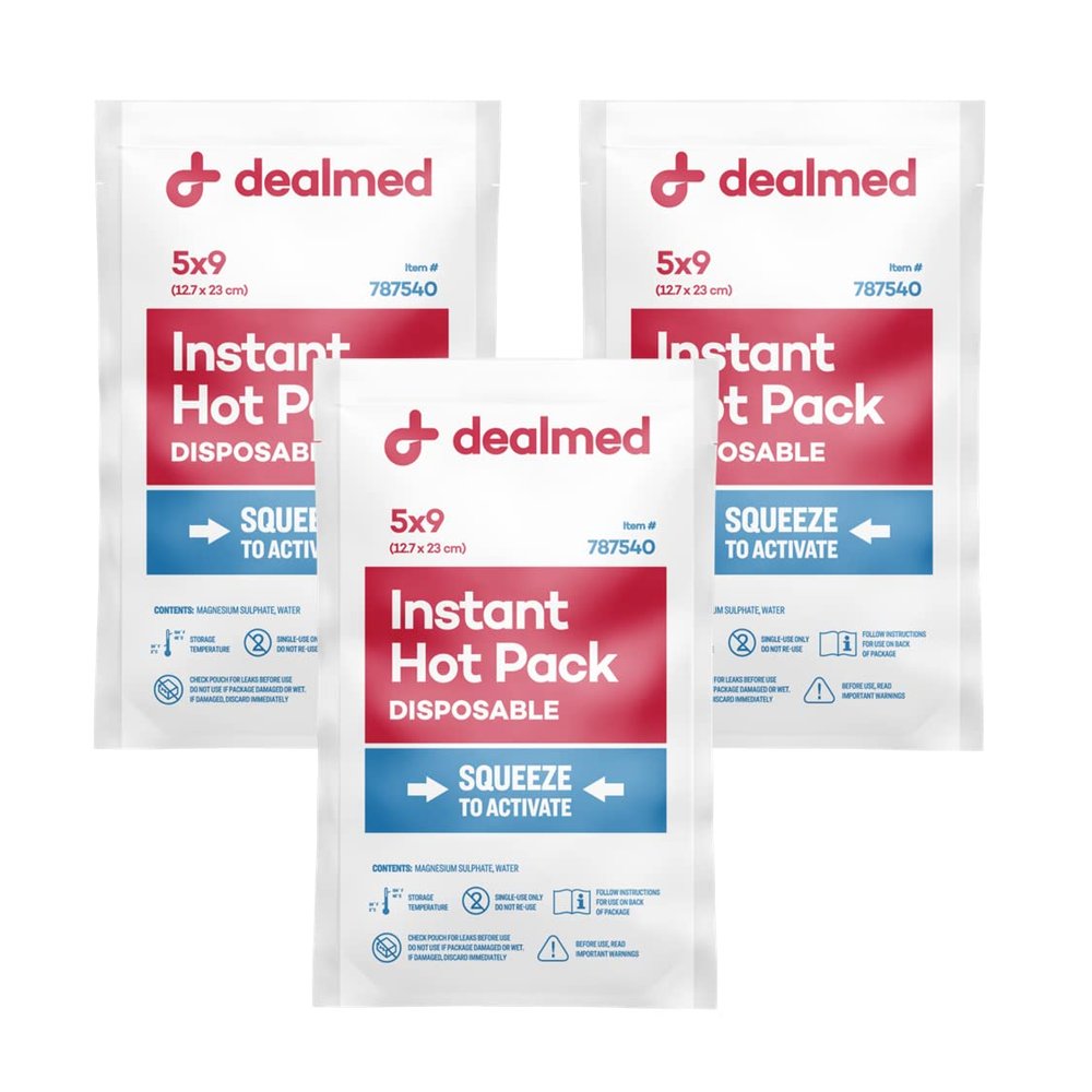 Dealmed Instant Hot Pack  Pack of 3, 5" x 9" Disposable Hot Packs for Injuries, Swelling, Sprains, Muscle Soreness and More, Single Squeeze Activation