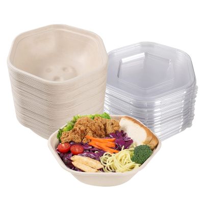 JAYEEY 47 oz Disposable salad bowls with lids, Sugarcane Fiber Paper Salad Bowls take away food containers Plant Fibers Freezer Safe 20 Pack