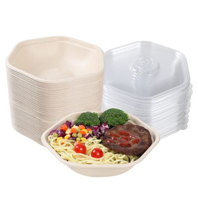 JAYEEY 30 oz Disposable salad bowls with lids, Sugarcane Fiber Paper Bowls take away food containers meal prep food storage deli container 40 Pack