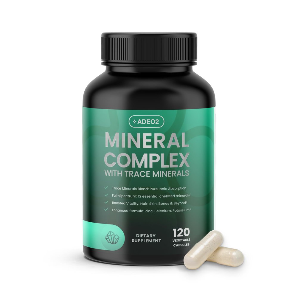 ADEO2 - Premium Blend of 52 Trace Minerals Complex with Essential Minerals in Chelated Form  All Natural and 100% Organic - 120 Capsules - Full Spectrum Ionic Mineral Blend - Safe for Women and Men