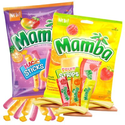 Mamba Candy Strips and Fruit Chew Sticks, Individually Wrapped Fruit Flavored Chewy Candies, Mixed Flavors Assortment Bags, Pack of 2, 6.3 Ounces