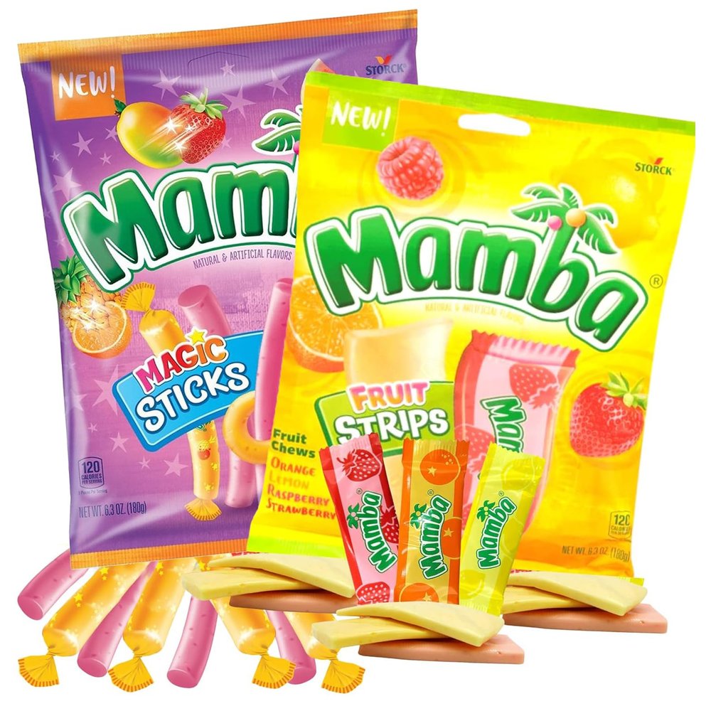 Mamba Candy Strips and Fruit Chew Sticks, Individually Wrapped Fruit Flavored Chewy Candies, Mixed Flavors Assortment Bags, Pack of 2, 6.3 Ounces