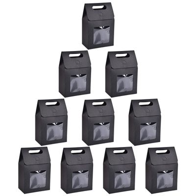 Queenbox 10 Pcs 15x9.8x5.8cm Kraft Paper Gift Boxes with Clear Window and Handle, Stand Up Gift Bag Empty Food Packing Boxes Jewelry Packaging, Black